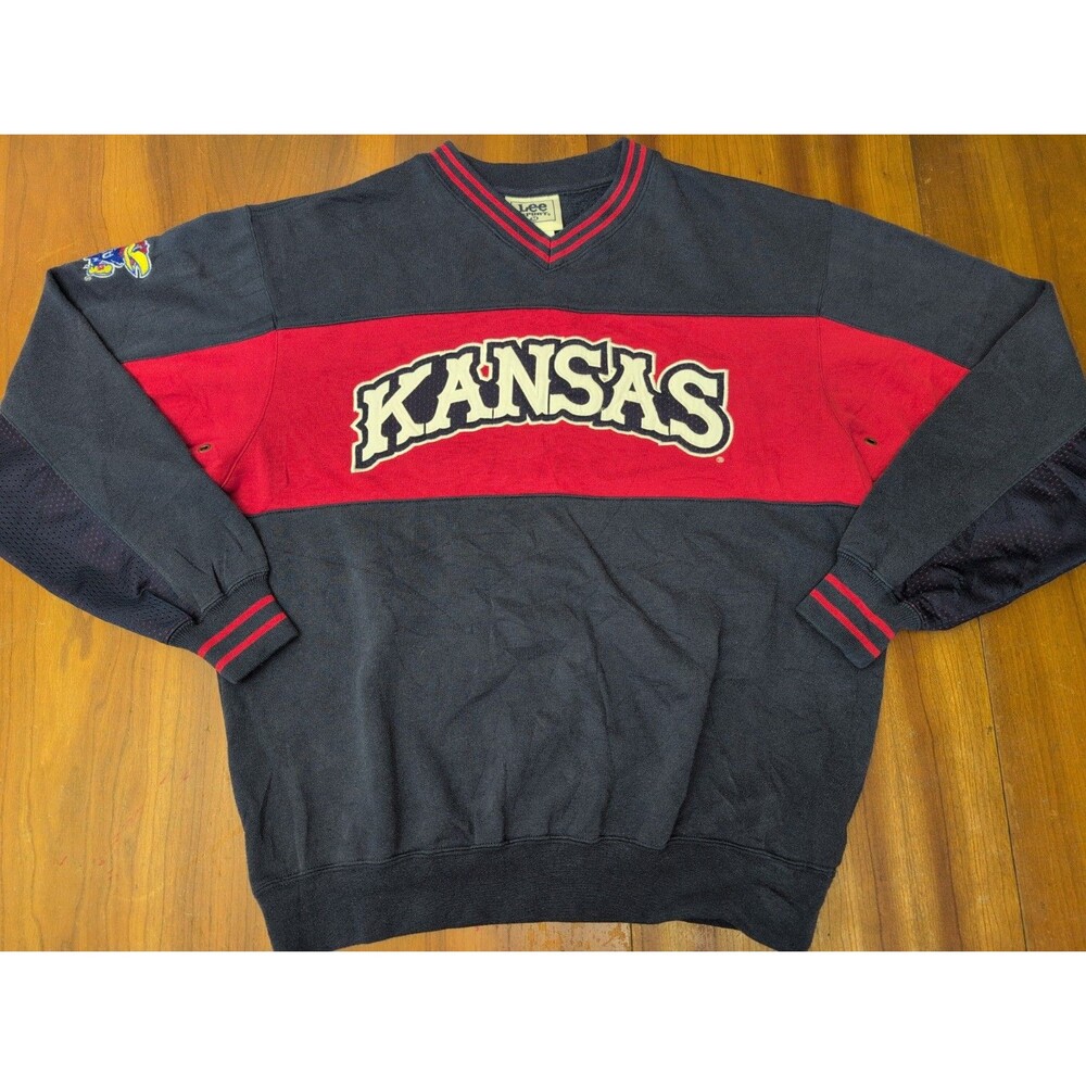 Vintage Lee Sport NCAA Mens M Kansas Jayhawks Embroidered Sweatshirt V-Neck